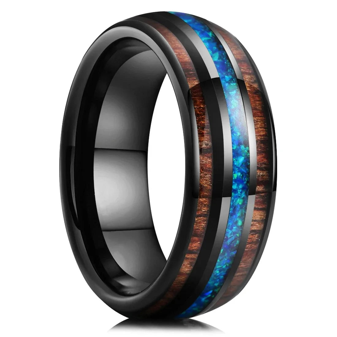 Fashion 8mm Silver Color Stainless Steel Arrow Rings for Men Women Inlaid Hawaiian Koa Wood Rings Men Wedding Band Jewelry Gifts