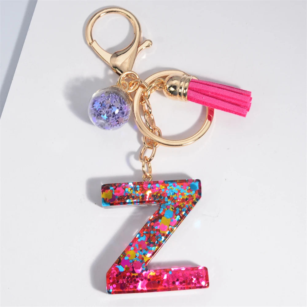 Colorful Letter Keychain Pendant Glitter Sequin Resin Key Chain Tassel Charms With Ball Keyring Jewelry For Women Bag Ornaments Z