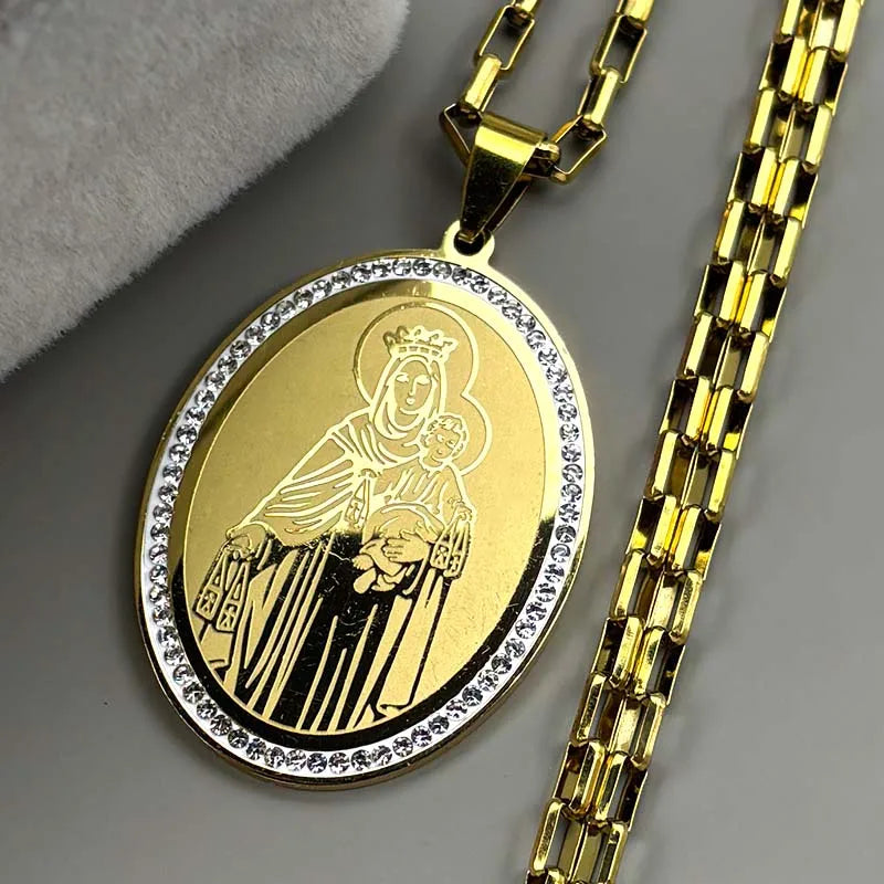 Virgin Mary Baby Jesus Pendant Necklace For Women Men Stainless Steel Rhinestones Gold Color Catholic Guadalupe Chain Jewelry