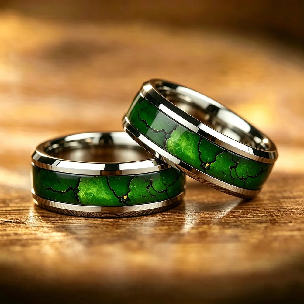 Fashion Men's Stainless Steel Rings Artificial Green Agate Stone Inlay Jewelry Suitable for Daily Wear, Gift for Him Non-Fade