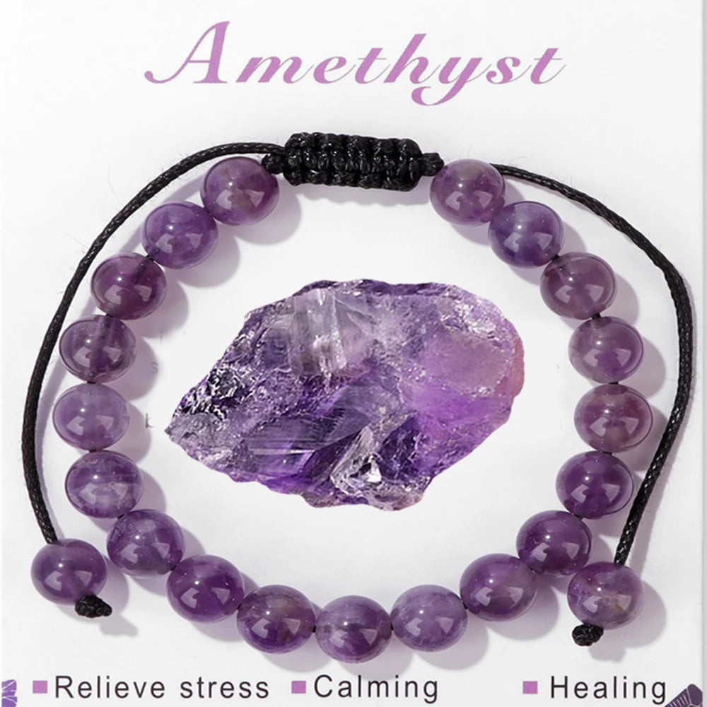 Amethysts Bracelets For Women Men Natural Stone 8mm Beads Braided Bracelet Stress Relief Anxiety Jewelry