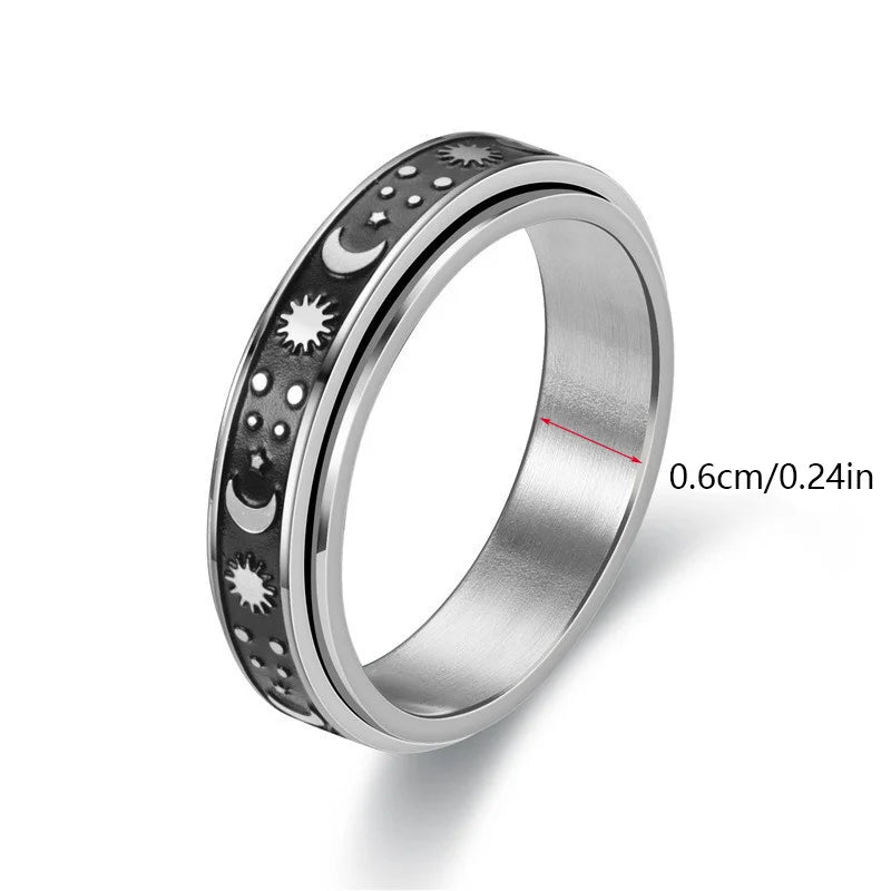 Vintage Stainless Steel Sun Moon Star Rotating Spinning Wedding Promise Anniversary Statement Band Ring Jewelry