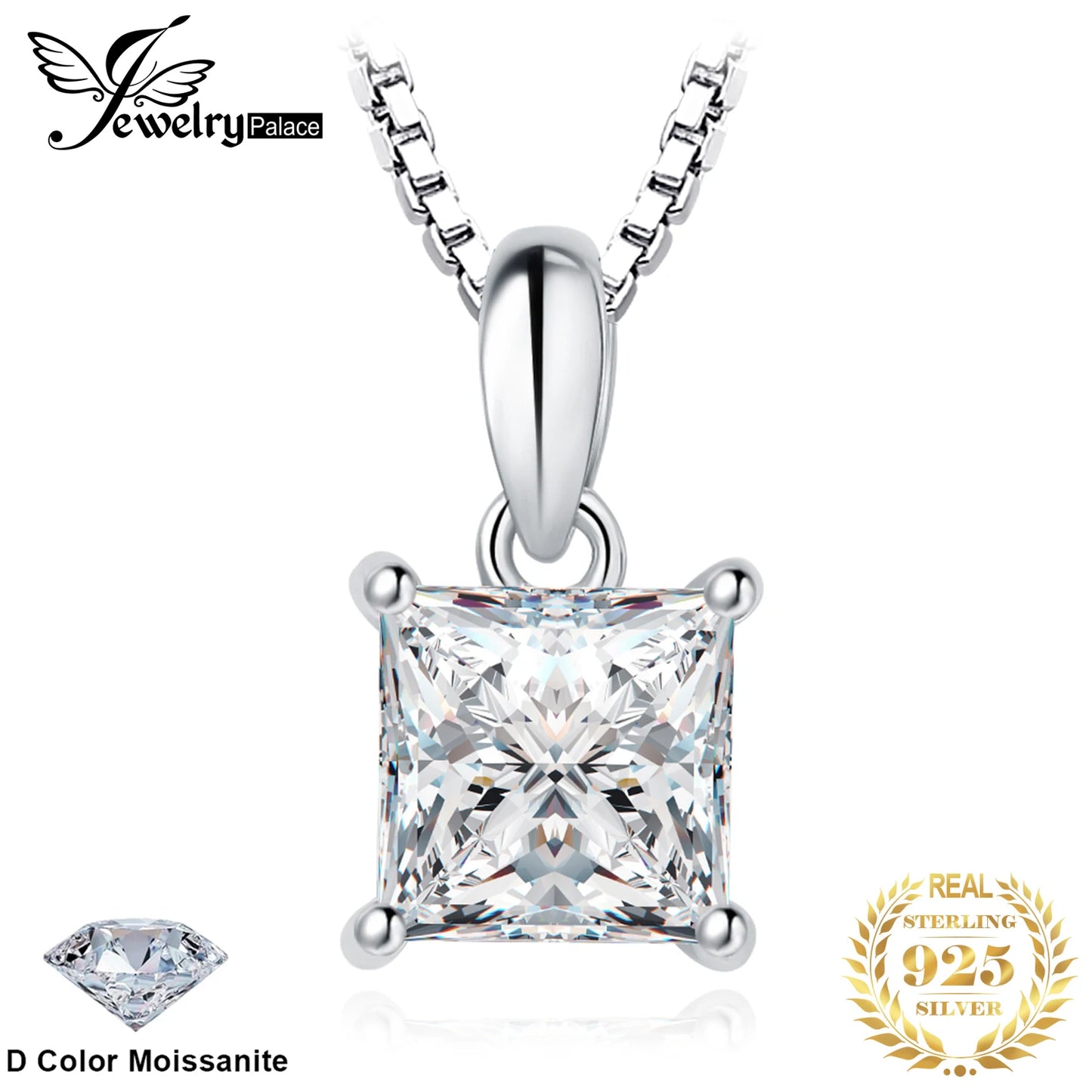 JewelryPalace Moissanite D Color 1ct Princess 925 Sterling Silver Pendant Necklace for Woman No Chain Yellow Rose Gold Plated
