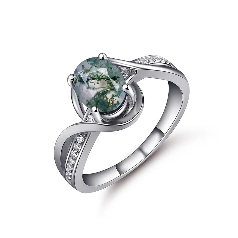 GEM'S BALLET 1.3Ct Oval Cut Natural Moss Agate Gemstone Engagement Rings 925 Sterling Silver Twist Side Stone Ring Gift For Her 925 Sterling Silver Moss Agate