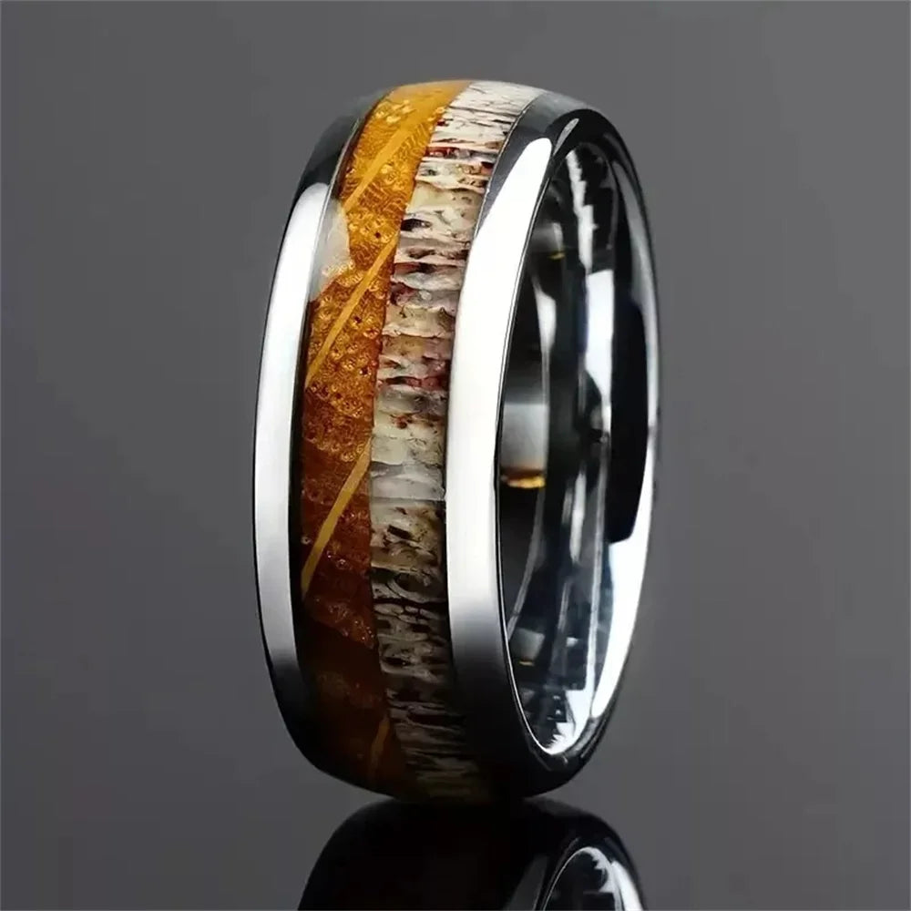 Fashion 8mm Men Stainless Steel Rings Silver Color Brushed Deer Antler And Koa Wood Rings for Men Wedding Band Jewelry Wholesale