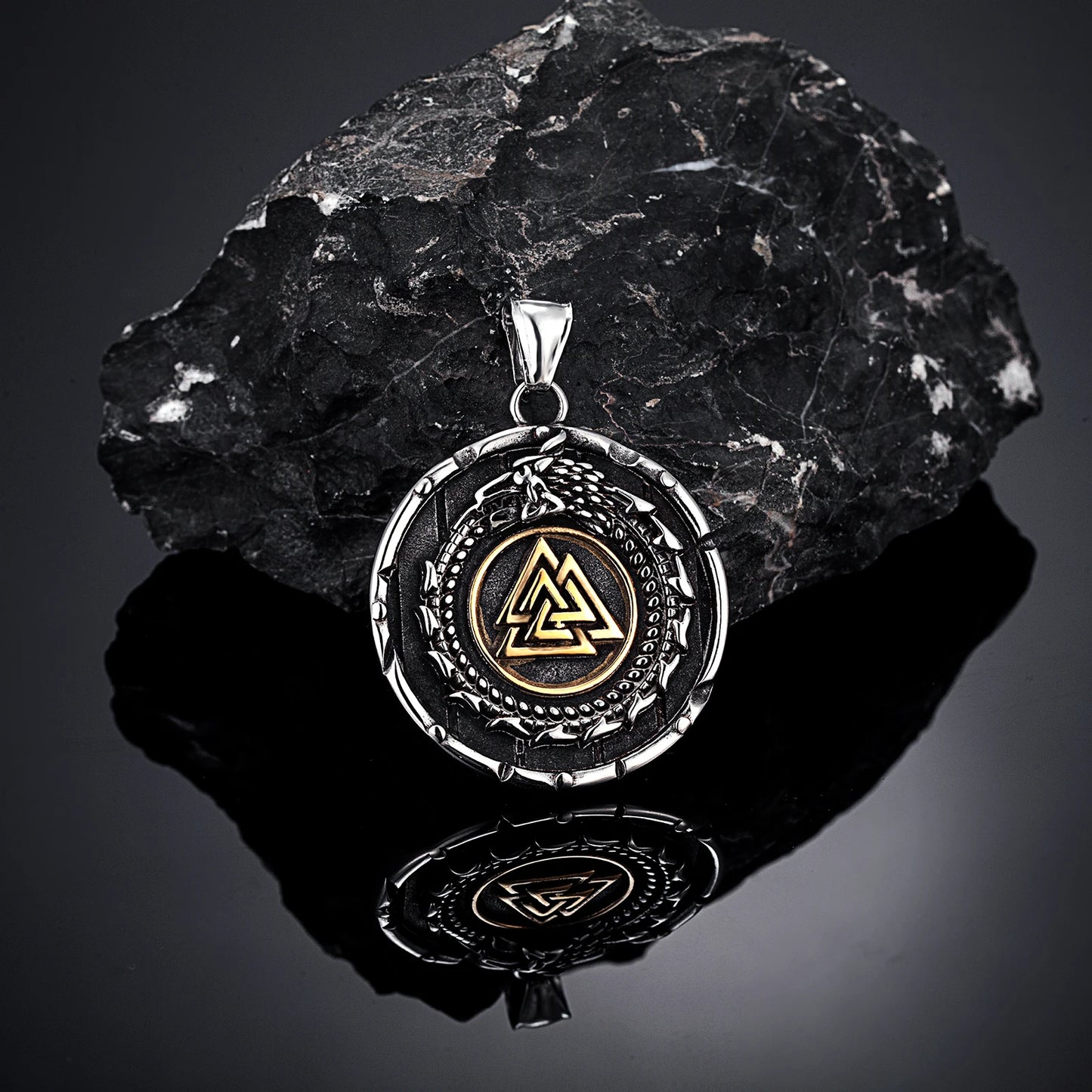 Vikings Ouroboros Dragon Necklace Men Stainless Steel Norse Runes Triangle Pendant Amulet Scandinavian Jewelry Vintage Male Gift