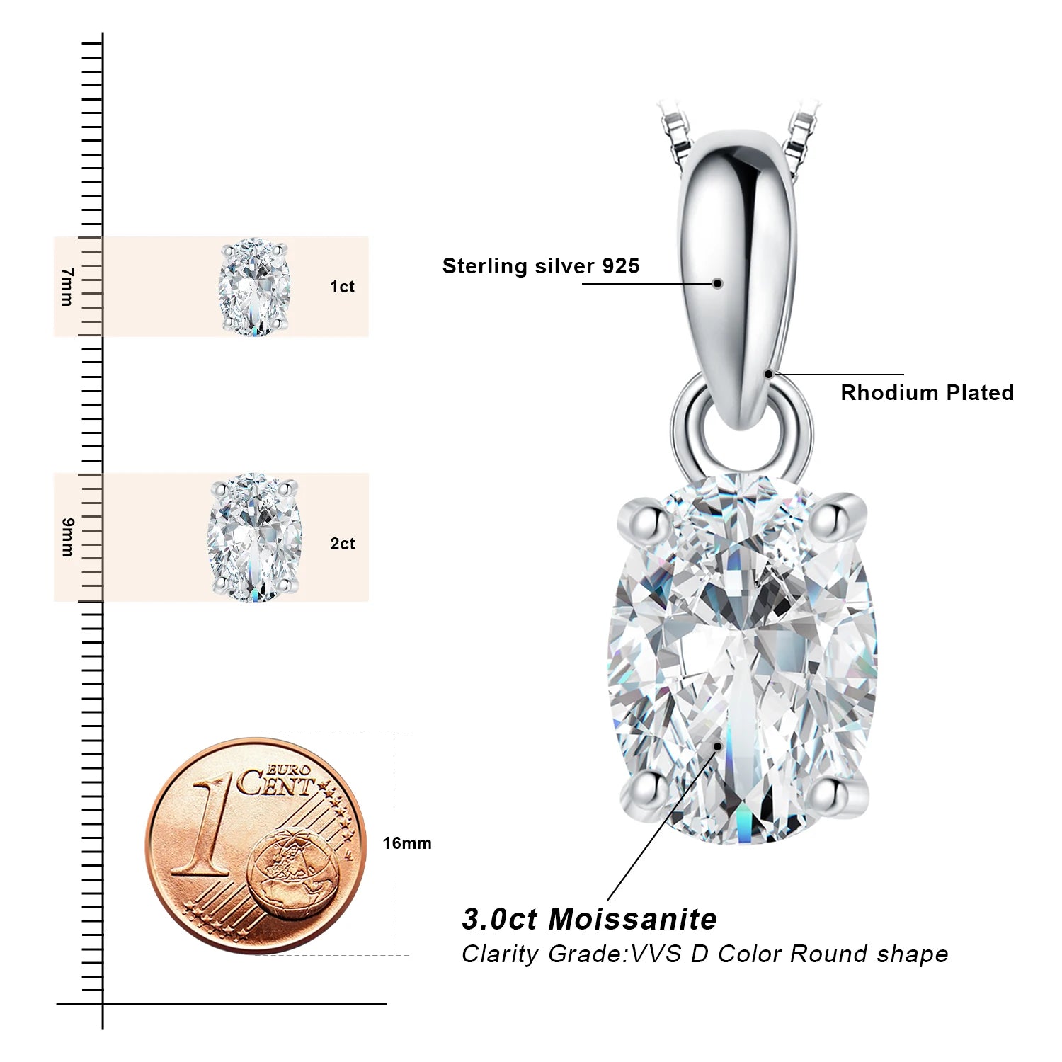 JewelryPalace Moissanite D Color 1ct 2ct Oval S925 Sterling Silver Pendant Necklace for Woman No Chain Yellow Rose Gold Plated