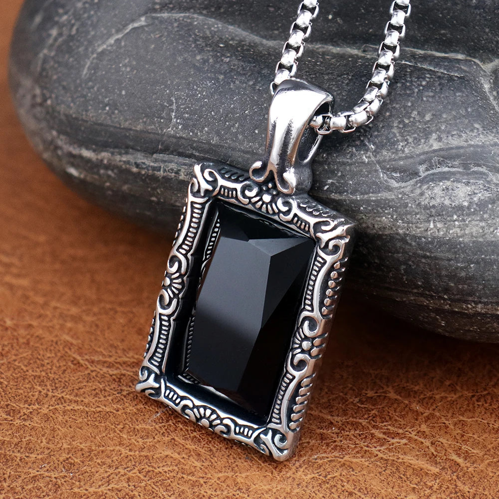 Fashion Popular Women Black Gemstone Necklaces Amulet Stainless Steel Classic Simple Party Pendant Chain Charm Jewelry