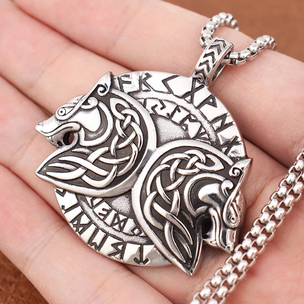 Classic Viking Fenrir Wolf Pendant Vintage Stainless Steel Nordic Rune Necklaces for Men Gift Fashion Charm Scandinavian Jewelry