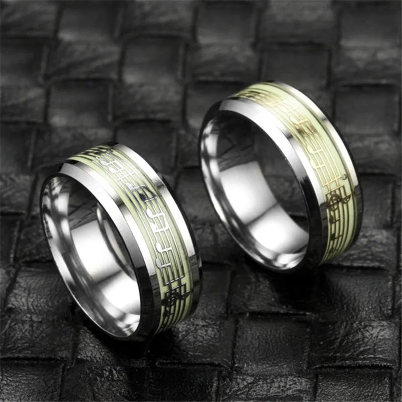 Stainless Steel Ring, Glowing In Dark Luminous Rings, Music Stave Pattern Rings for Men Women, Fashion Wedding Bands Jewelry