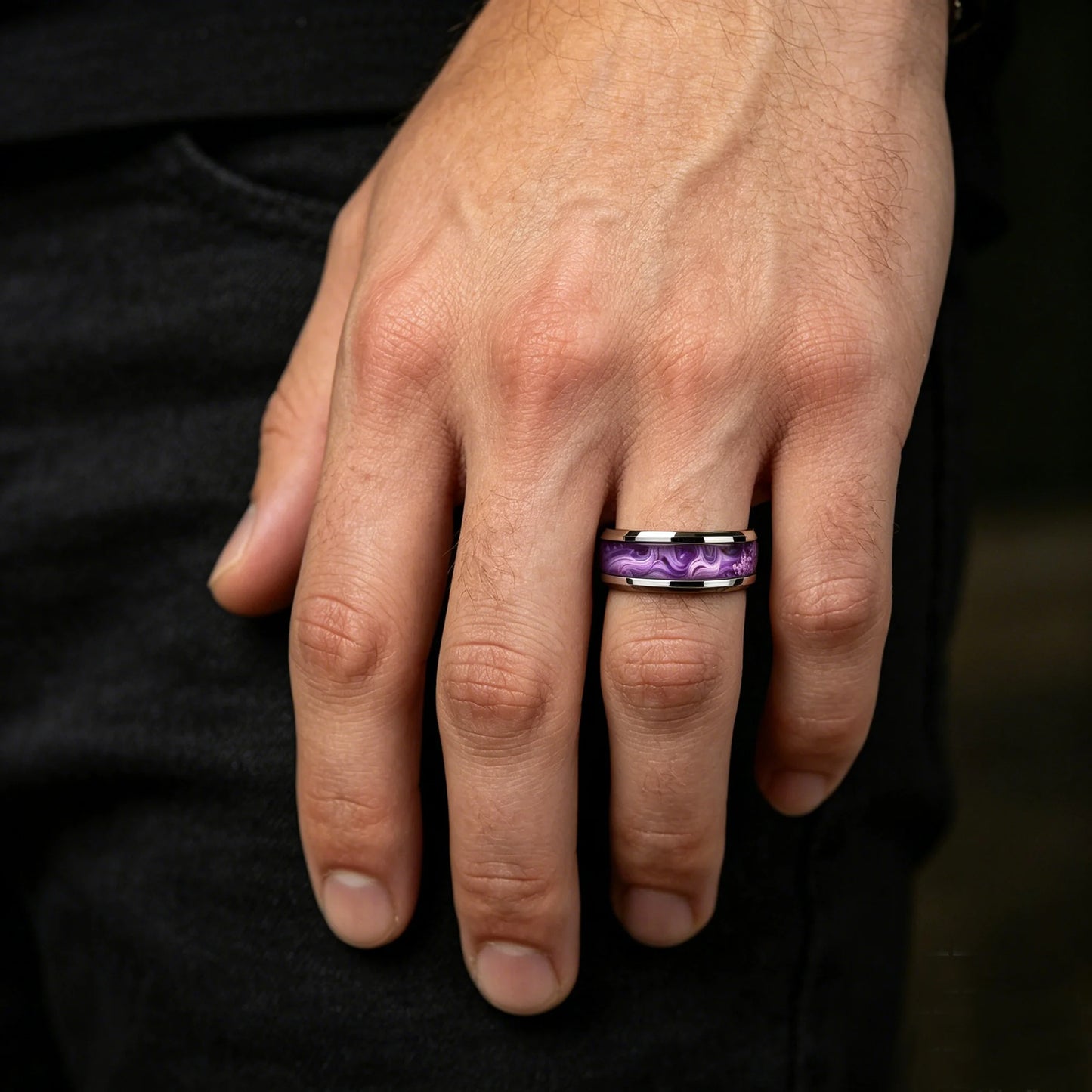 Fashion Men's Stainless Steel Rings Artificial Purple Agate Stone Inlay Jewelry Suitable for Daily Wear, Gift for Him Non-Fade