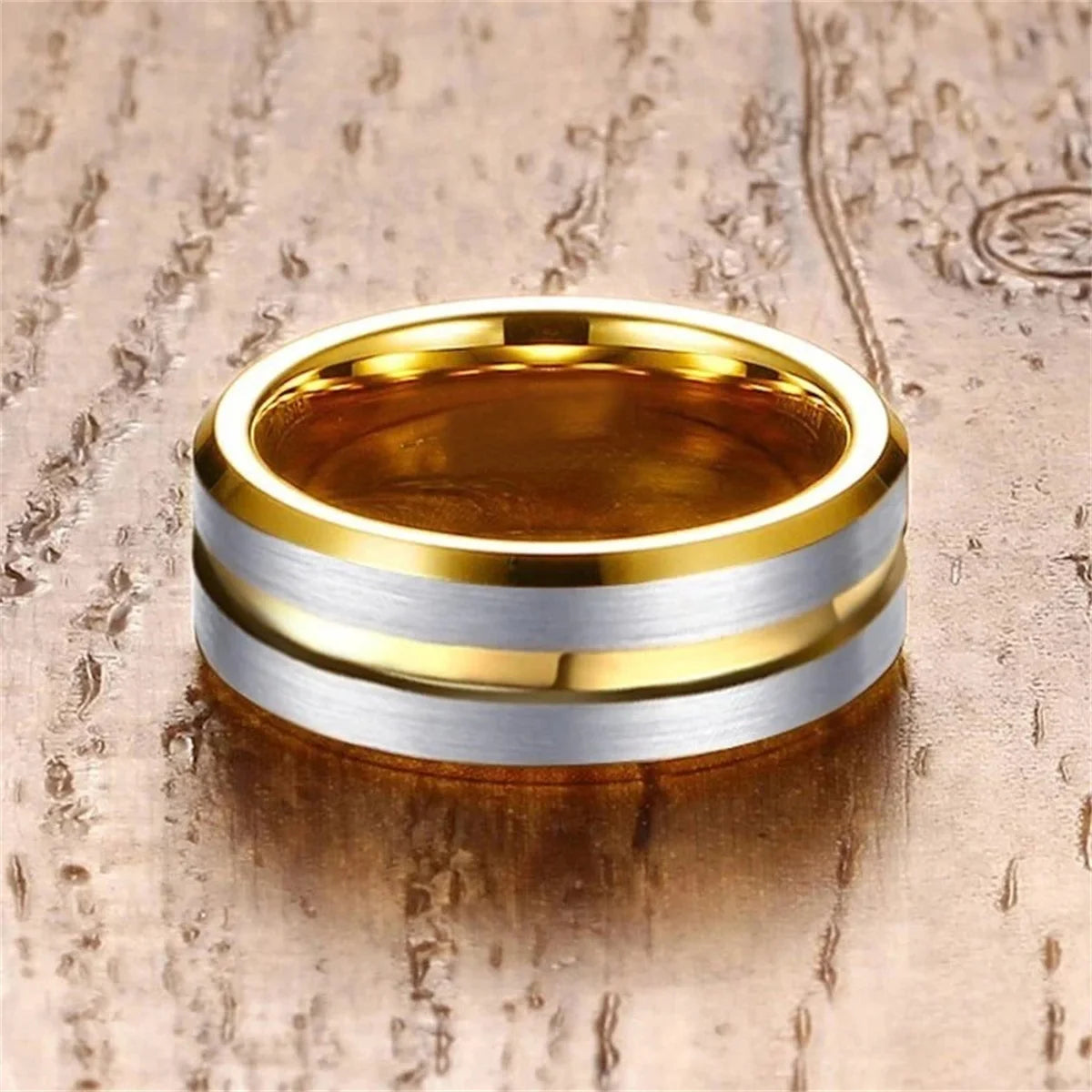 Fashion Gold Color Stainless Steel Rings For Men Silver Color Brushed Beveled Edge Engagement Rings Men Wedding Band Jewelry
