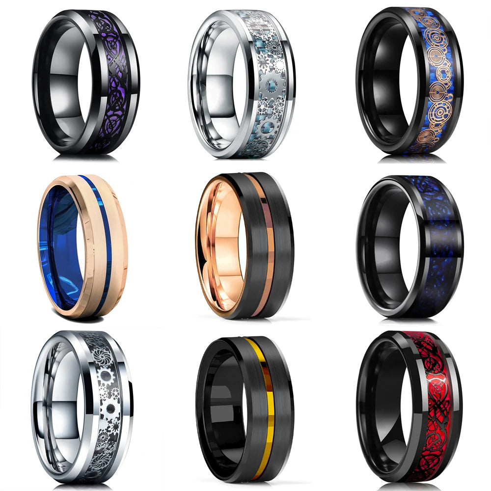 48 styles Fashion 8mm Celtic Dragon Stainless Steel Ring For Men Women Inlay carbon fibre Wedding Band Jewelry Anniversary Gifts