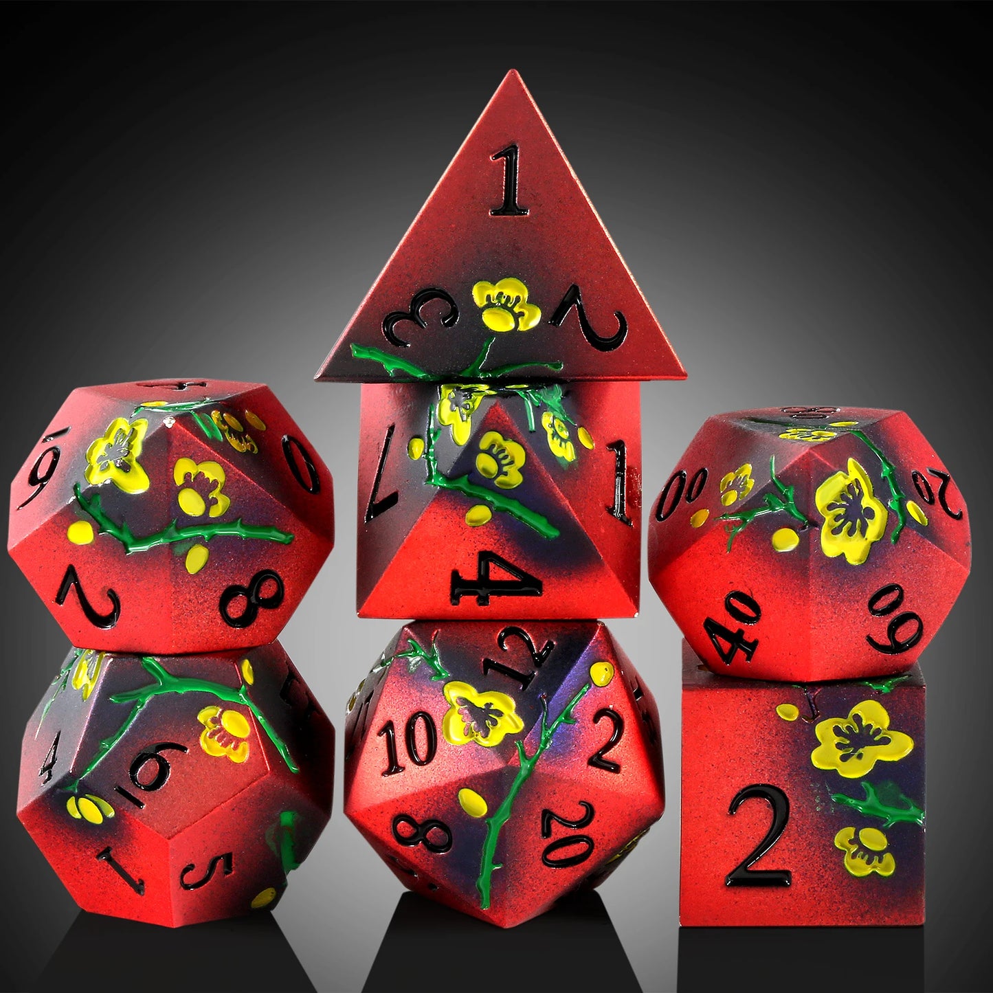 Metal Dice Set D&D, DNDND 7 PCS Flower Metallic DND Dice Set with Grogeous Gift Case for Dungeons and Dragon Tabletop Game Red and Yellow