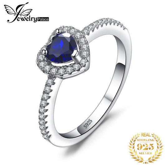 JewelryPalace Heart Created Blue Sapphire 925 Sterling Silver Halo Ring for Women Gemstone Fine Jewelry Wedding Engagement Gift 6