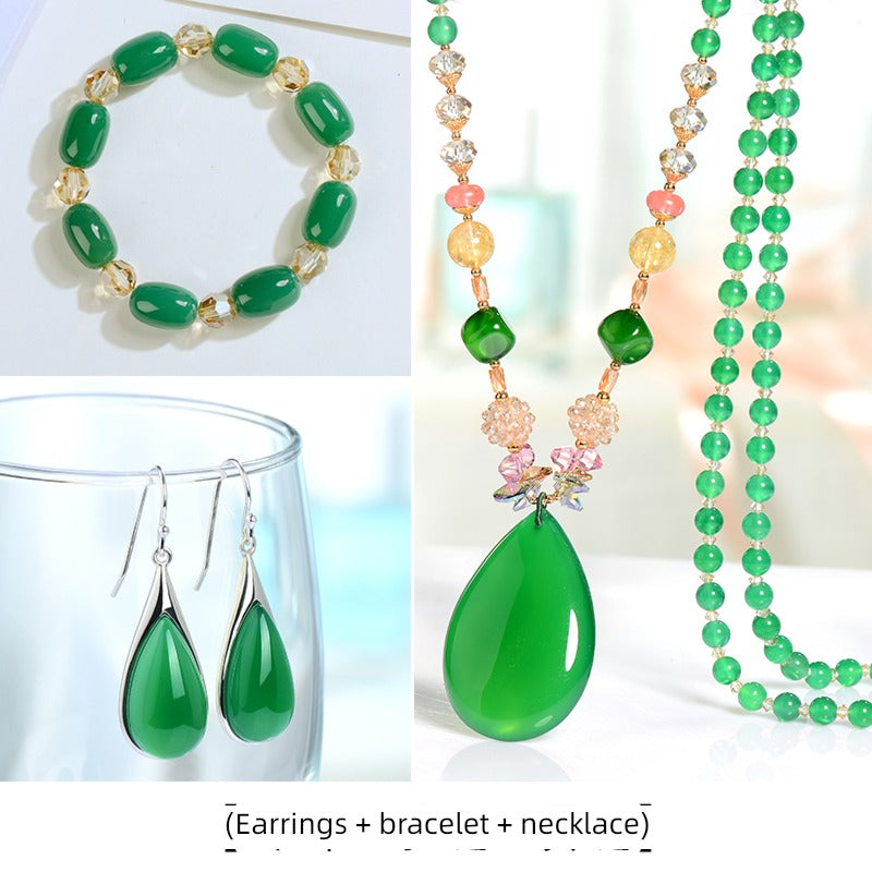 Women's Sterling Silver Long Special-Interest Design Ornament Green Agate Earrings + necklace + bracelet(Earrings + necklace + bracelet)