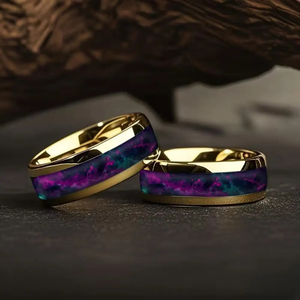 With Purple and Blue Gradient Stone Inlay Rings, 8mm Cosmic Starry Sky Stainless Steel Men Ring, Wedding Band Jewelry Drop Ship