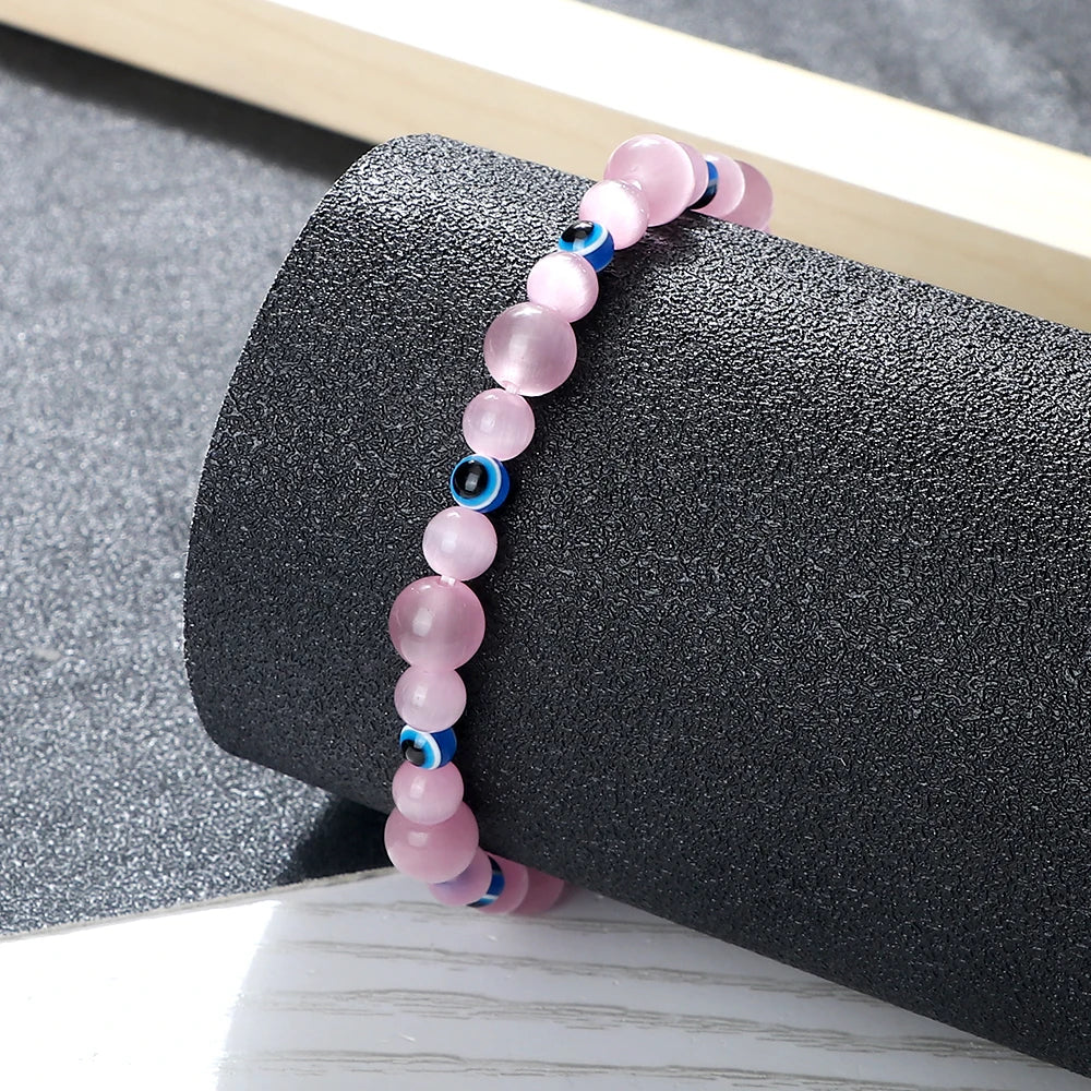 Blue Evil Eye Beaded Bracelets Natural Cat Eye Stone 6 8mm Opal Men Bangles Adjustable Women Bracelet Lucky Yoga Jewelry Gifts