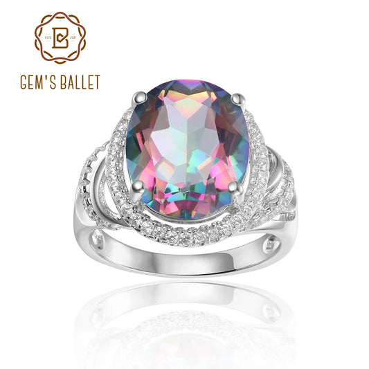 GEM'S BALLET 4.36Ct 10x12mm Stunning Rainbow Mystic Topaz Birthstone Cocktail Rings in 925 Sterling Silver Gift For Her