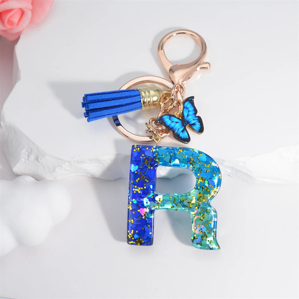 Sea Blue A To Z 26 Letter Keychain Women Wallet Charms 26 Initials Alphabet Butterfly Tassel Pendant With Key Rings Jewelry Gift R 55mm