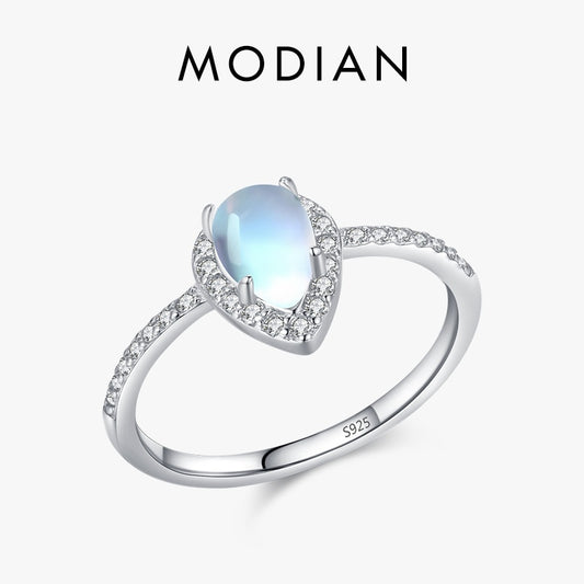 Modian 925 Sterling Silver Exquisite Water Drop Moonstone Female Finger Ring Luxury Shiny Clear CZ Fine Jewelry For Women Gifts 9