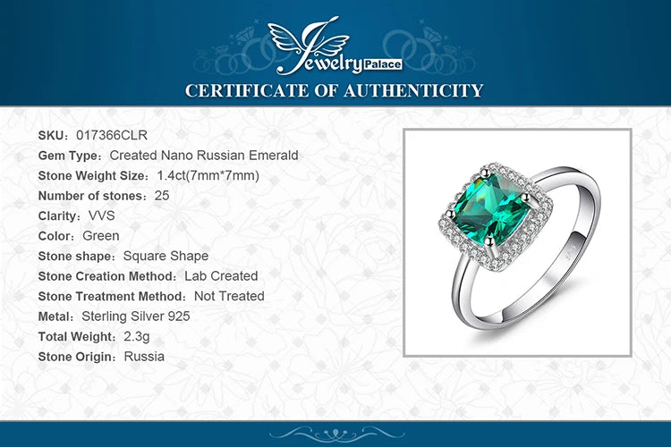 JewelryPalace Green Simulated Nano Emerald  925 Sterling Silver Rings for Women Halo Engagement Ring Statement Gemstones Jewelry
