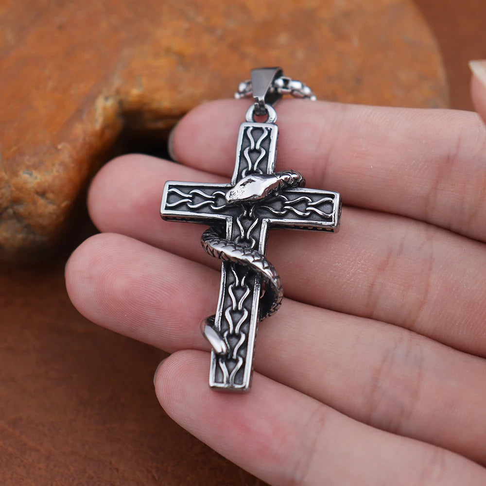 Gothic Religious Creative Snake Cross Neckalce for Men Gift Stainless Steel Vintage Punk Snake Pendant Halloween Amulet Jewelry