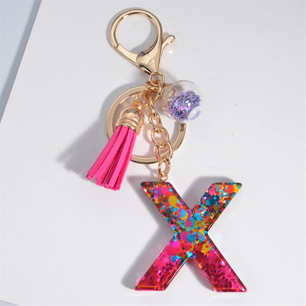 Colorful Letter Keychain Pendant Glitter Sequin Resin Key Chain Tassel Charms With Ball Keyring Jewelry For Women Bag Ornaments X