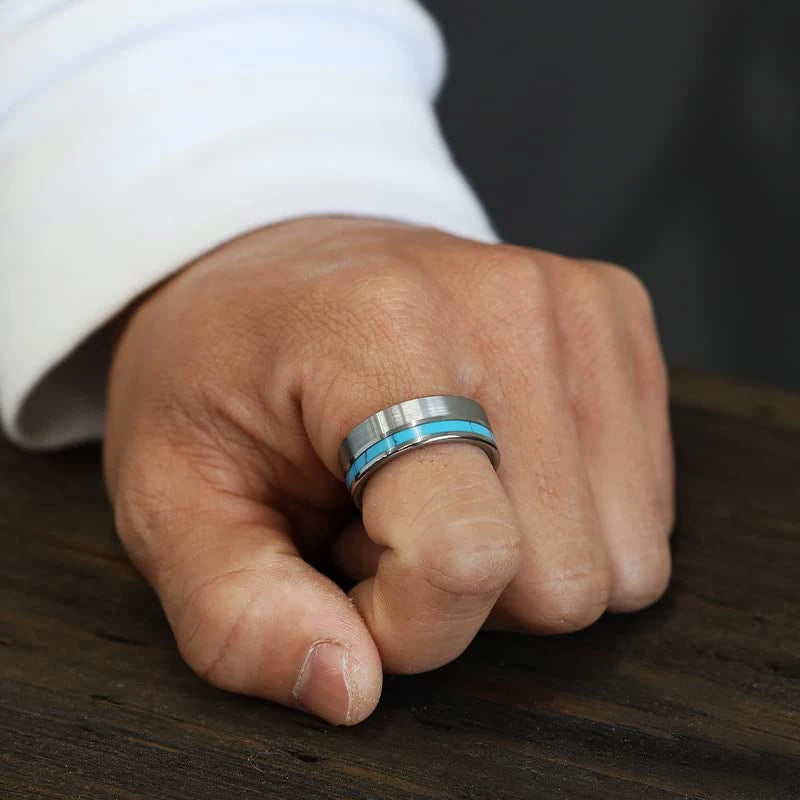 Fashion 8mm Men Silver Color Stainless Steel Ring Blue Turquoise Stone Inlaid Polished Flat Ring For Men Wedding Band Jewelry