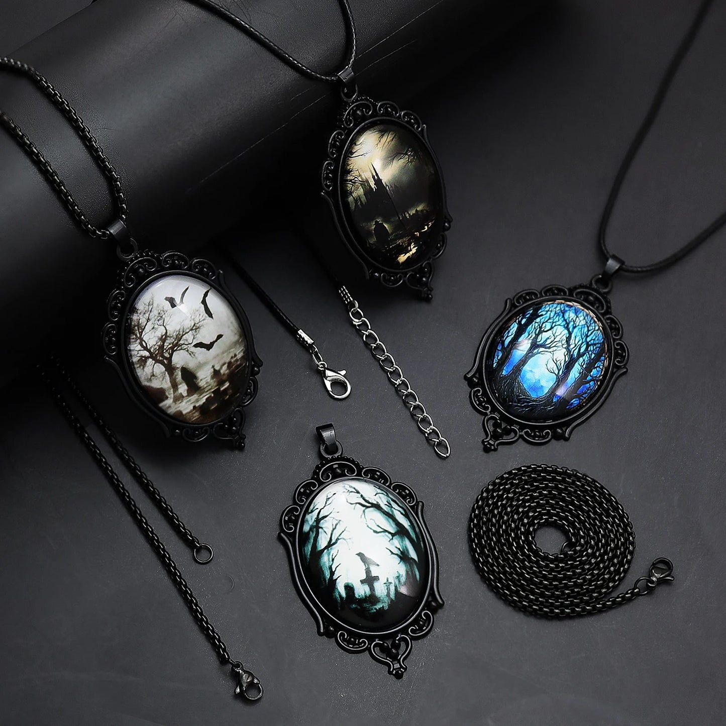 Gothic Raven Cross Glass Pendant Necklace Vintage Rope Chain Crow Choker Mystic Witch Jewelry Gift Accessories for Women Men
