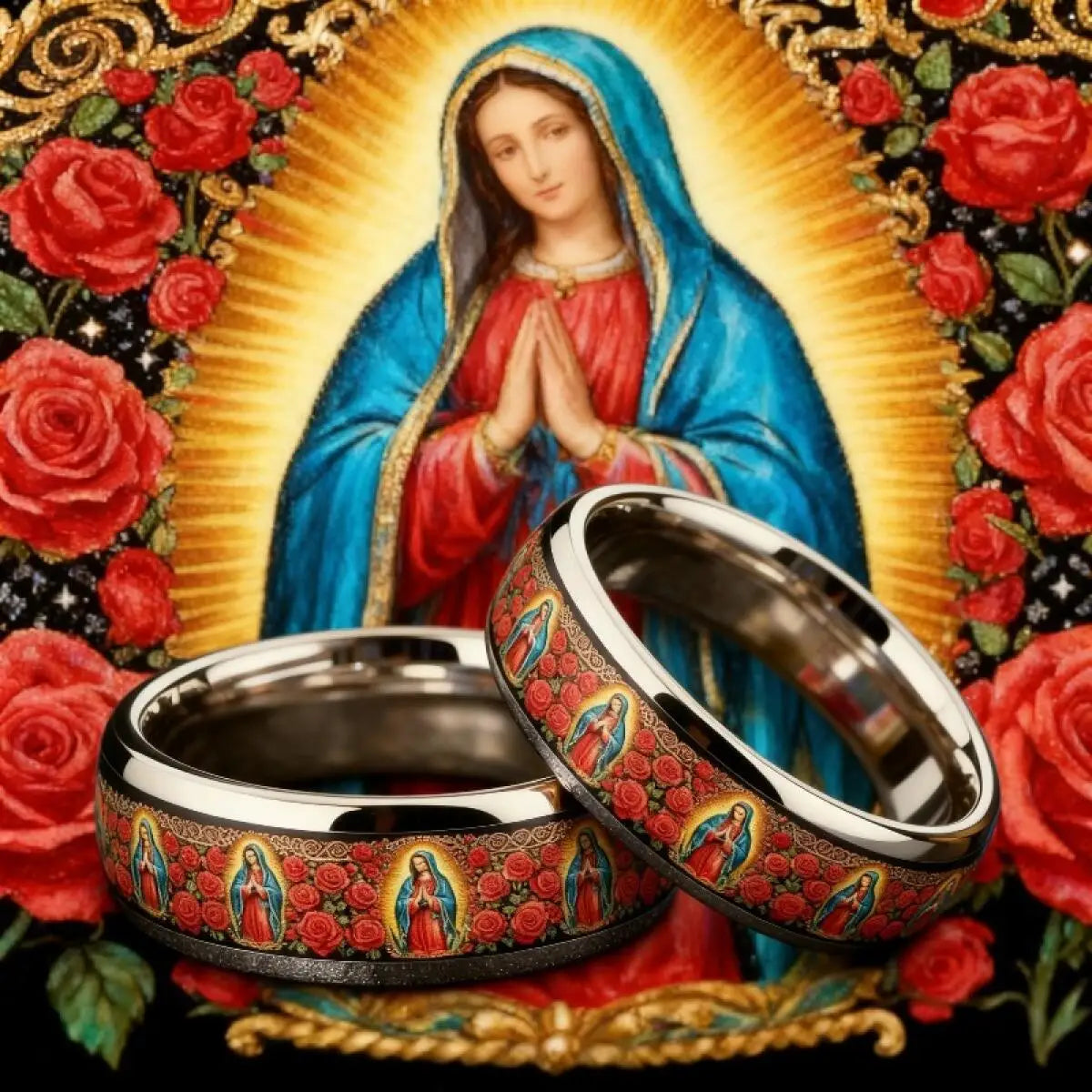Vintage Our Lady of Guadalupe Ring Stainless Steel Christian Virgin Mary Rings For Men Women Religious Lucky Amulet Jewelry Gift