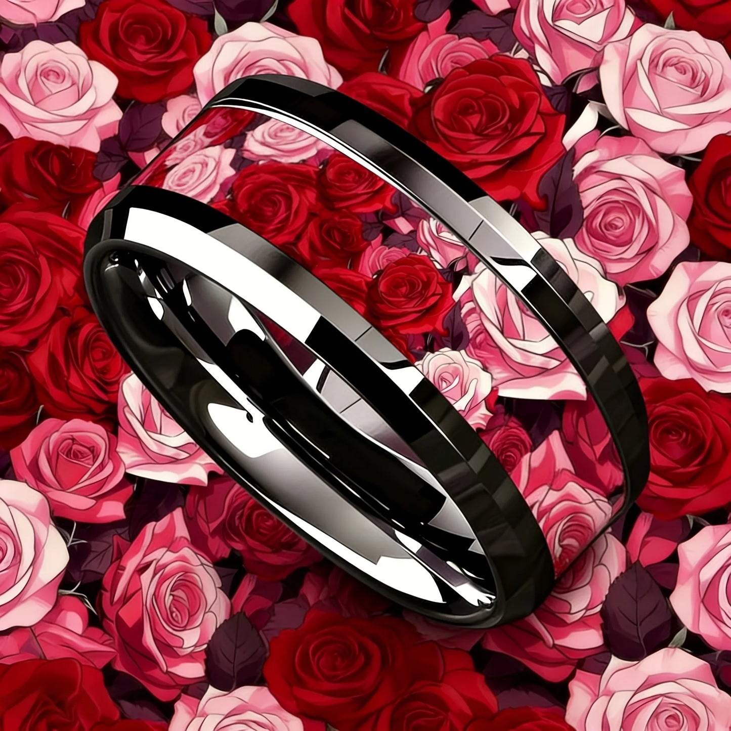 Romantic Men's Stainless Steel Rings With Red Pink Rose Flower Parrern Inlay Ring For Wedding Jewelry Valentine's Day Gifts