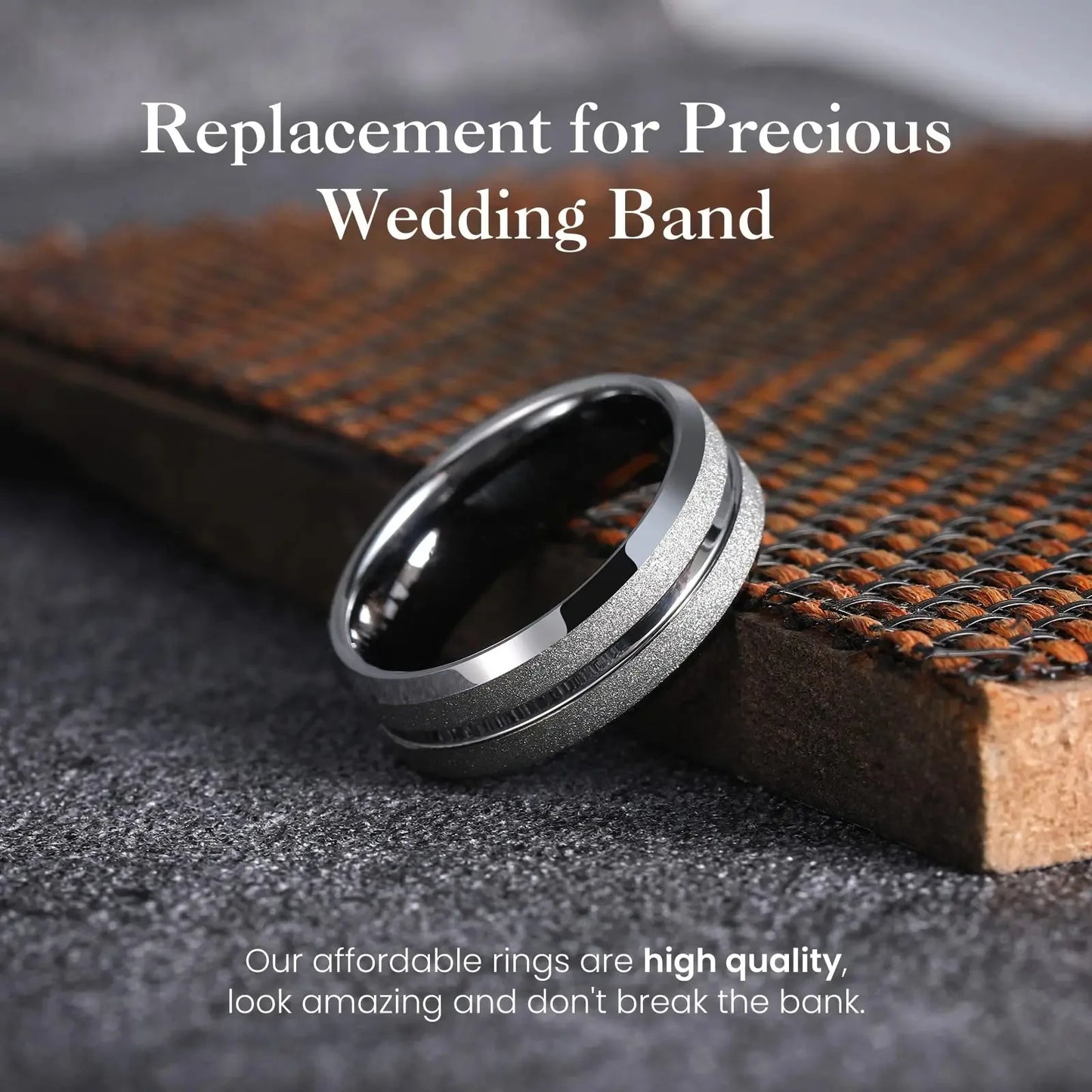Trendy 8mm Men Frosted Stainless Steel Rings, Gold Color Brushed Groove Beveled Edge Engagement Rings For Men, Wedding Jewelry