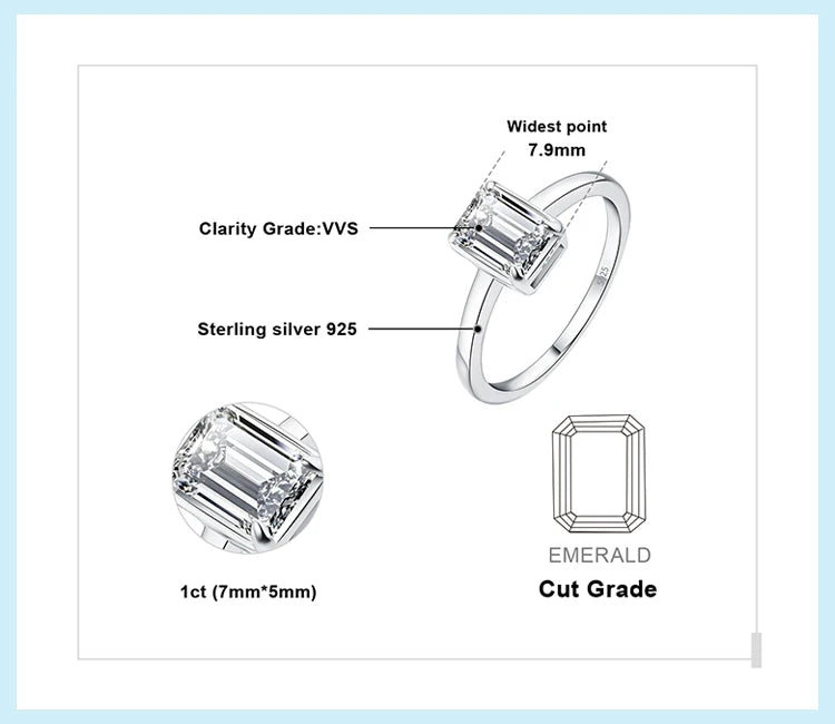 JewelryPalace Moissanite D Color 1ct Emerald Cut 925 Sterling Silver Solitaire Wedding Ring for Woman Yellow Rose Gold Plated