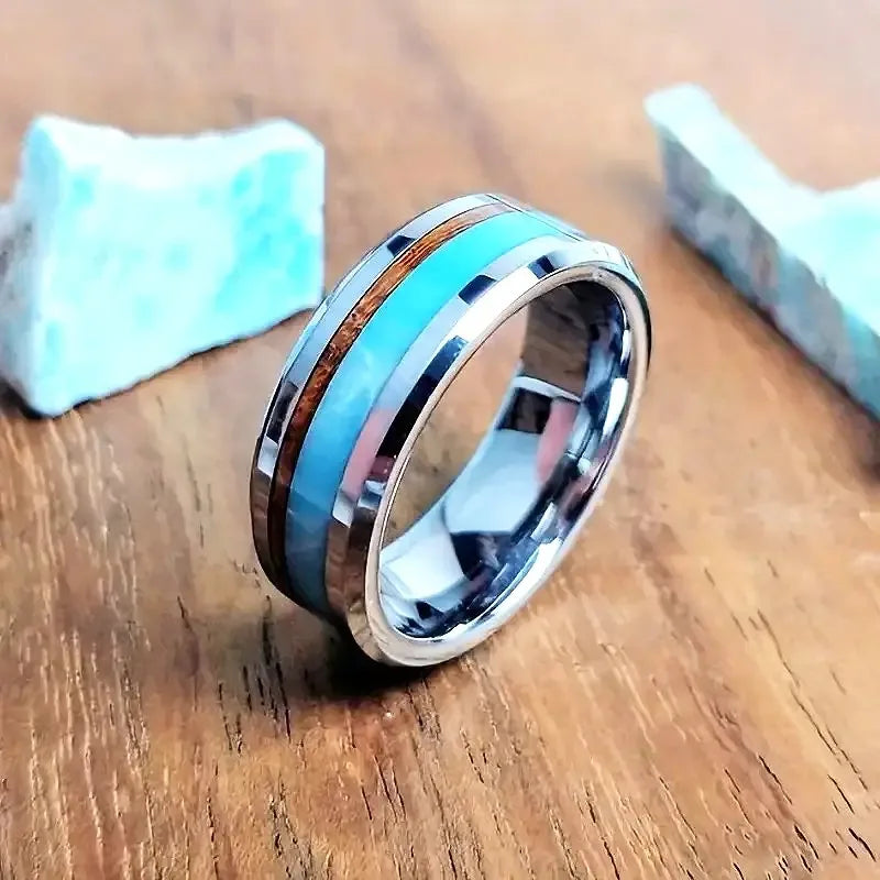 Fashion 8mm Men Stainless Steel Rings Inlay Blue Faux turquoise Wood Rings For Men Women Wedding Engagement Band Jewelry Gift