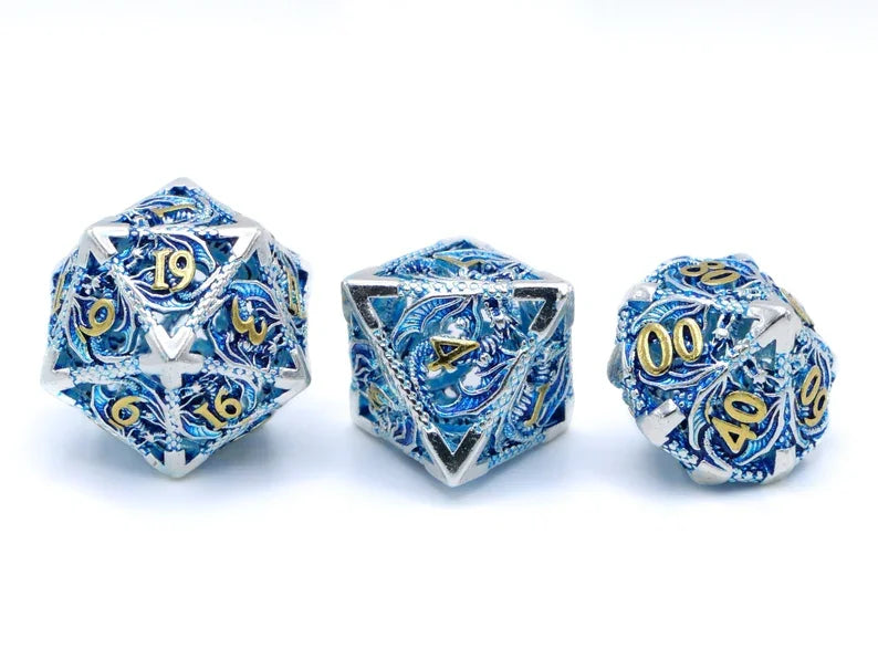 Hollow Metal Dice Set, 7PCS DND Dice set, polyhedral dice Set with box for Dungeons and Dragons RPG Role Playing Gaming Dice Blue Gold giftbox