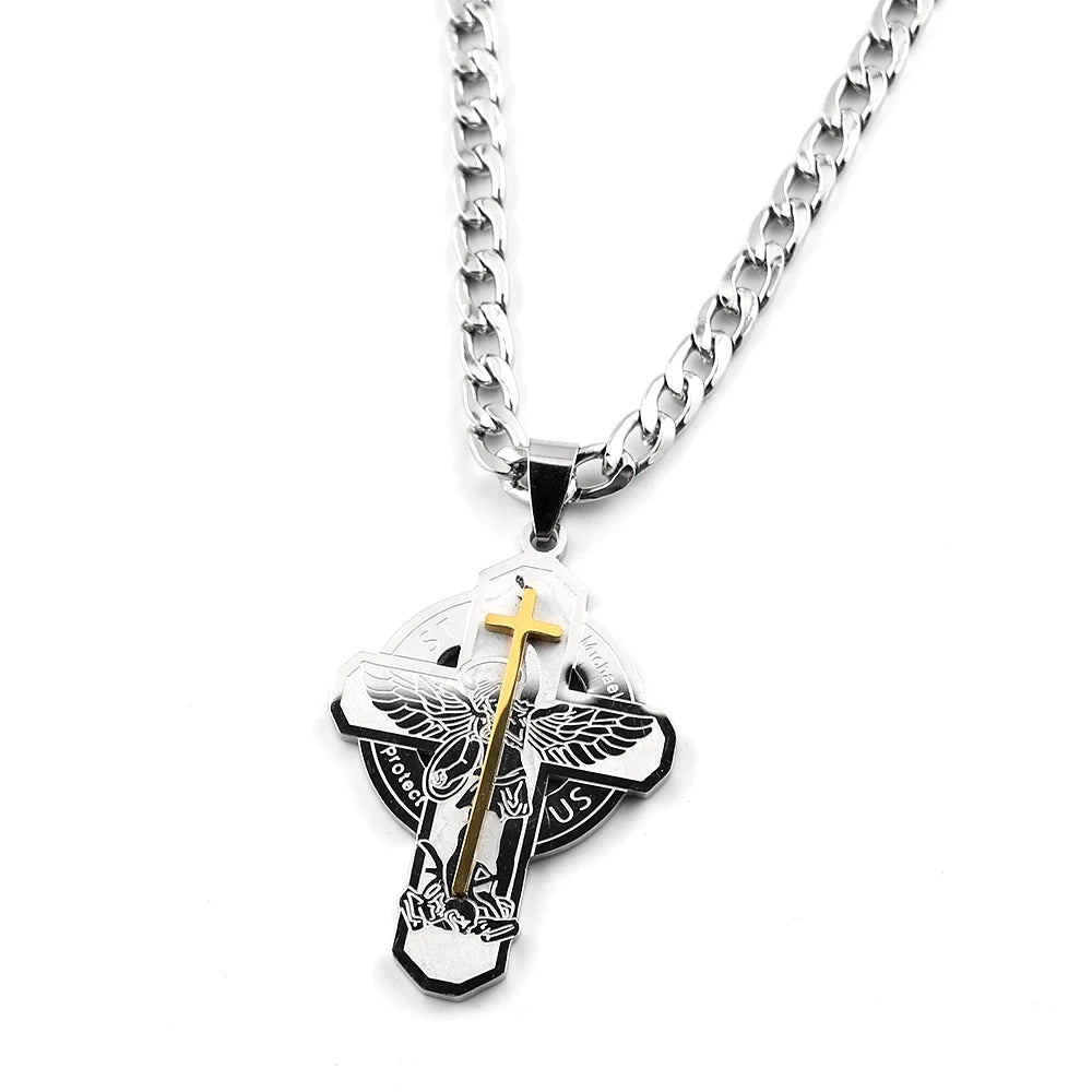 Archangel St.Michael Protect Us Cross Pendant Necklace for Women Men Stainless Steel Catholic Silver Color Amulet Chain Jewelry