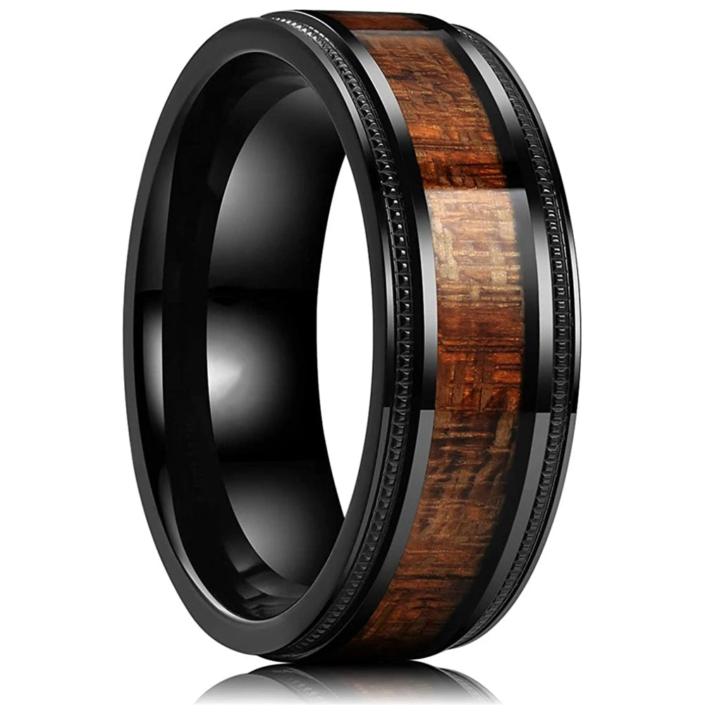 Fashion 8mm Rose Gold Color Stainless Steel Guitar String Rings for Men Koa Wood Inlay Ring Whiskey Barrel Mens Wedding Band