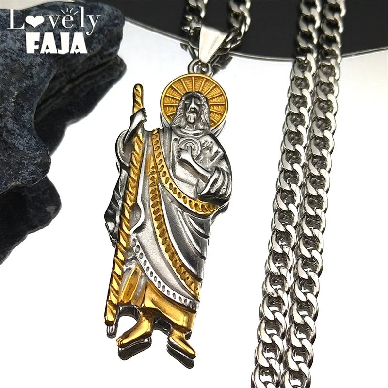 San Judas Tadeo Pendant Necklace for Men Women Stainless Steel Gold Silver Color Catholic Saints Apostle of Jesus Chain Jewelry