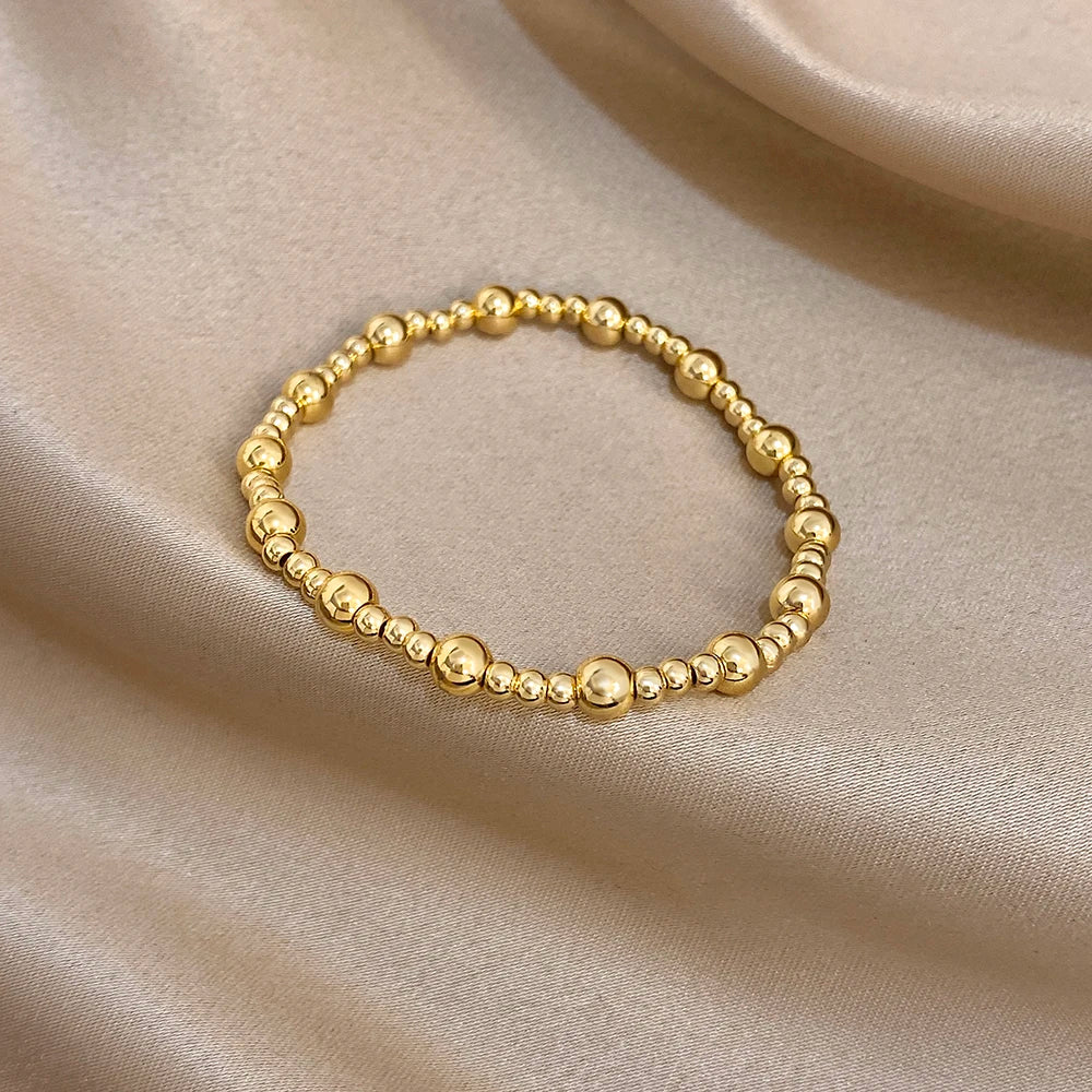 Greatera 3/4mm Stainless Steel Beads Elastic Bracelets for Women Gold Plated Tricolor Beaded Chain Bracelet Waterproof Jewelry