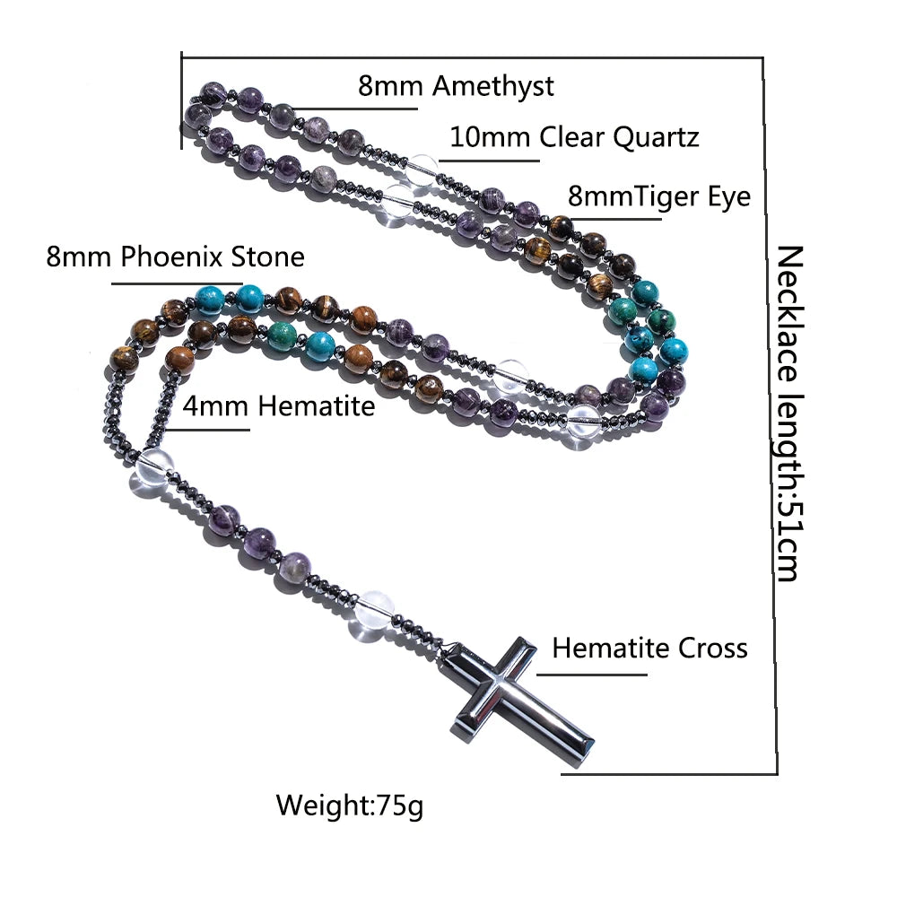 Natural Tiger Eye Amethyst Catholic Christian Rosary Men and Women Necklace Hematite Cross Pendant Meditation Yoga Mala Jewelry