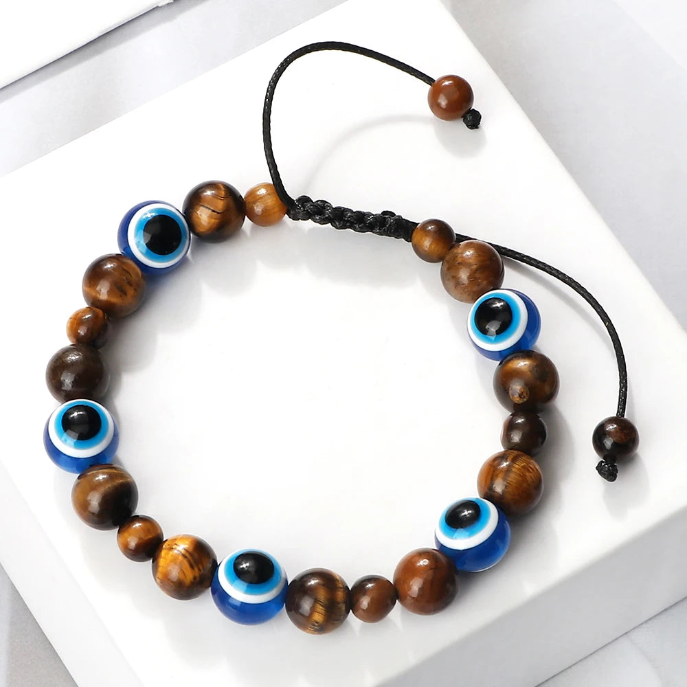 Blue Evil Eye Beaded Bracelets Natural Cat Eye Stone 6 8mm Opal Men Bangles Adjustable Women Bracelet Lucky Yoga Jewelry Gifts