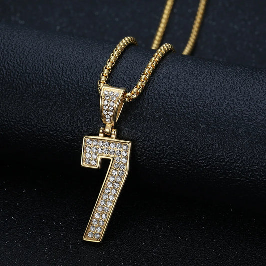 Fashion Hiphop Jewelry Stainless Steel 18k Gold Number 7 Crystal Pendant Necklace Square Pearl Chain