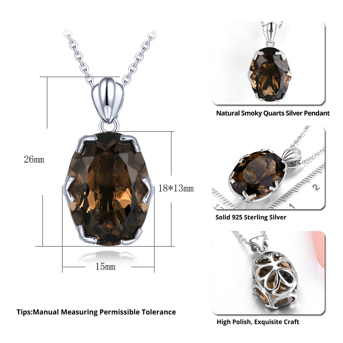 Natural Smoky Quarts Sterling Silver Pendants 11 Carats Genuine Brown Crystal Women Classic Fine Jewelry S925 Top Quality