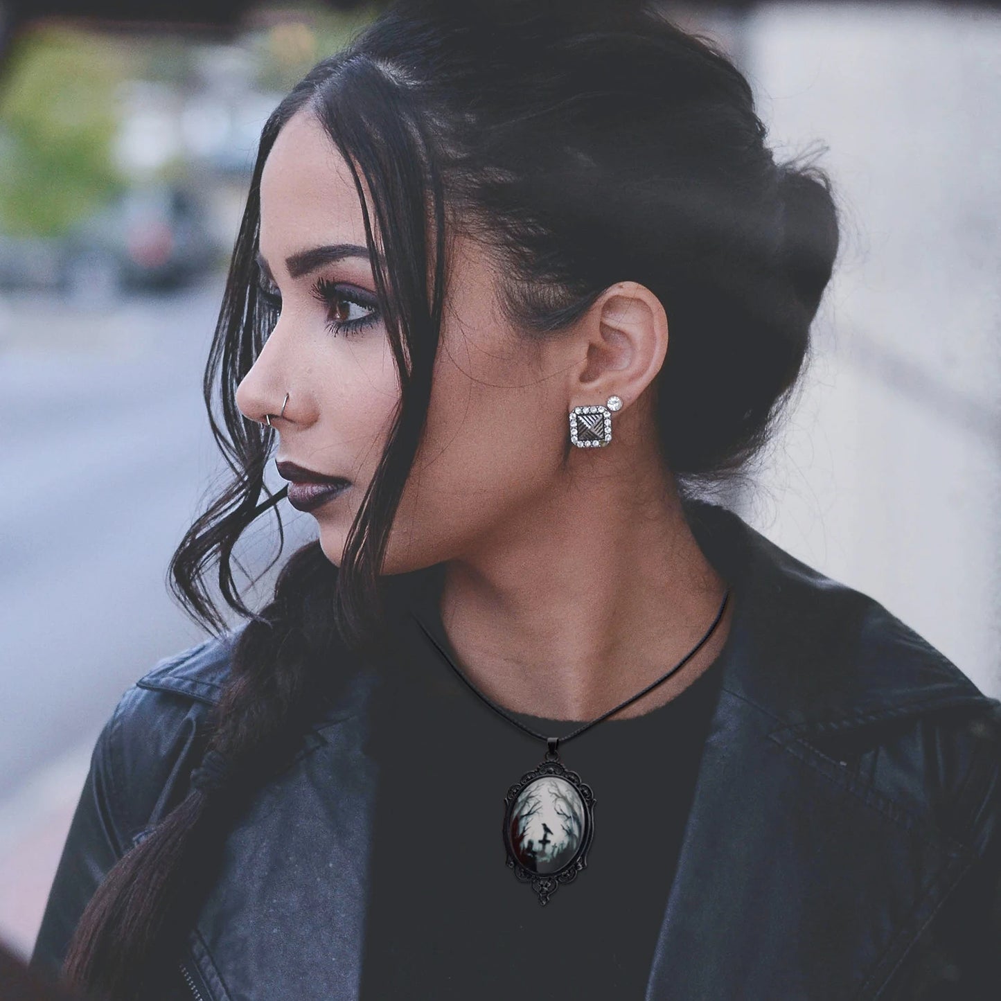 Gothic Raven Cross Glass Pendant Necklace Vintage Rope Chain Crow Choker Mystic Witch Jewelry Gift Accessories for Women Men
