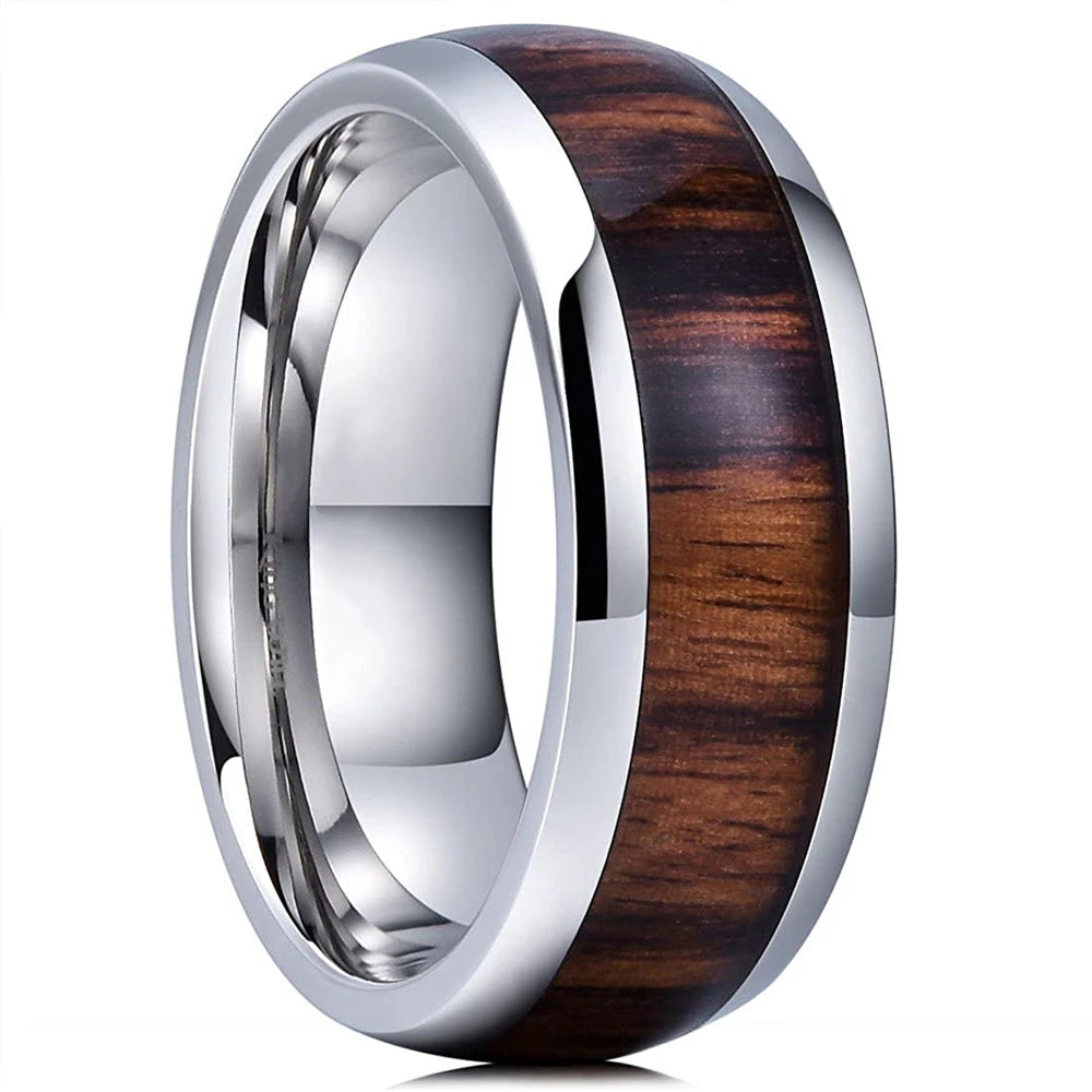 Fashion 8mm Rose Gold Color Stainless Steel Guitar String Rings for Men Koa Wood Inlay Ring Whiskey Barrel Mens Wedding Band
