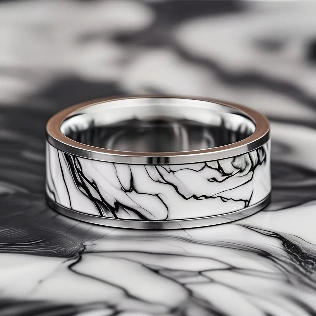 With Marble Pattern Inlay Fashion 8mm Silver Color Men Stainless Steel Rings for Men Wedding Band Jewelry Gift Drop Shipping