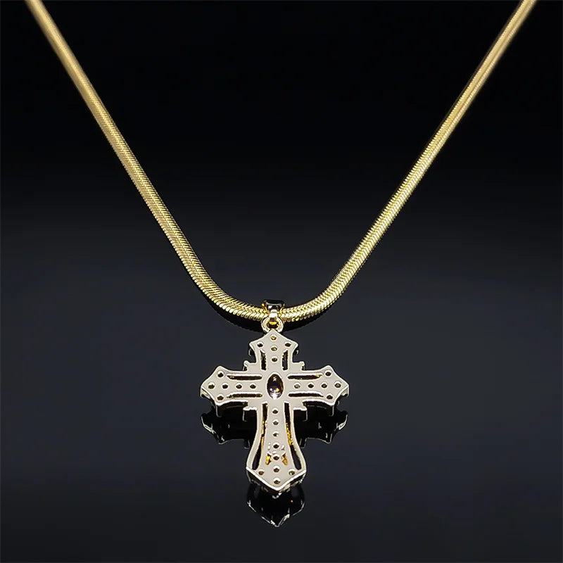 Vintage Shiny Zircon Jesus Cross Religious Amulet Necklace Women Stainless Steel Clavicle Snake Chain Choker Necklaces Jewelry