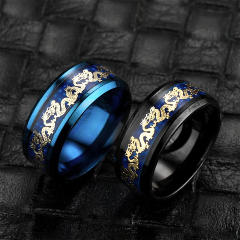Fashion 8mm Men Stainless Steel Dragon Ring Vintage Punk Chinese Dragon Pattern Carbon Fiber Rings For Men Wedding Party Jewelry