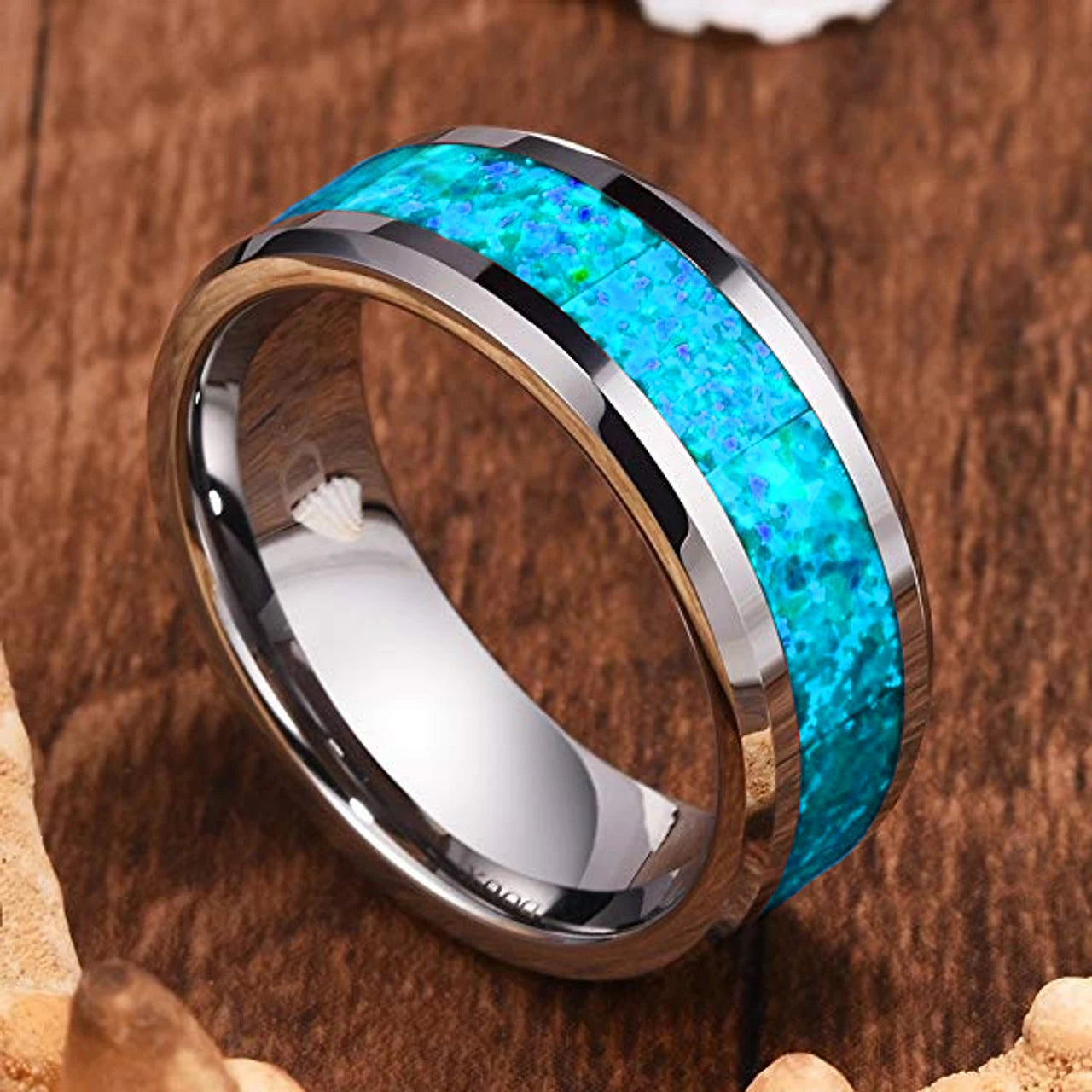 Fashion 8mm Men Silver Color Stainless Steel Rings Inlay Imitation Blue Opal Promise Rings For Men Women Wedding Band Jewelry